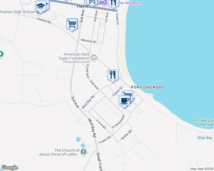 map of restaurants, bars, coffee shops, grocery stores, and more near 57 Mud Bay Road in Haines