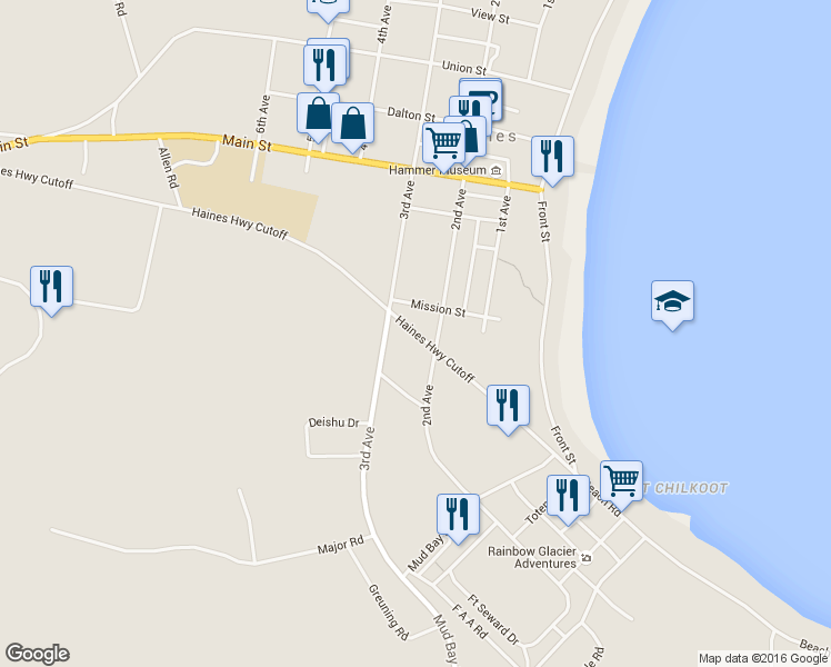 map of restaurants, bars, coffee shops, grocery stores, and more near 1 Haines Highway in Haines