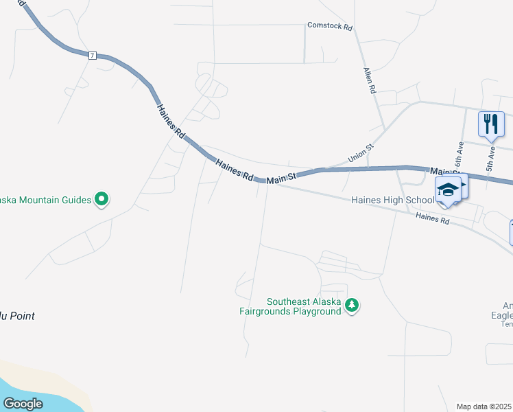 map of restaurants, bars, coffee shops, grocery stores, and more near 1 Haines Highway in Haines