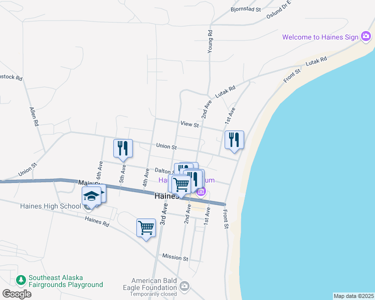 map of restaurants, bars, coffee shops, grocery stores, and more near 219 Union Street in Haines