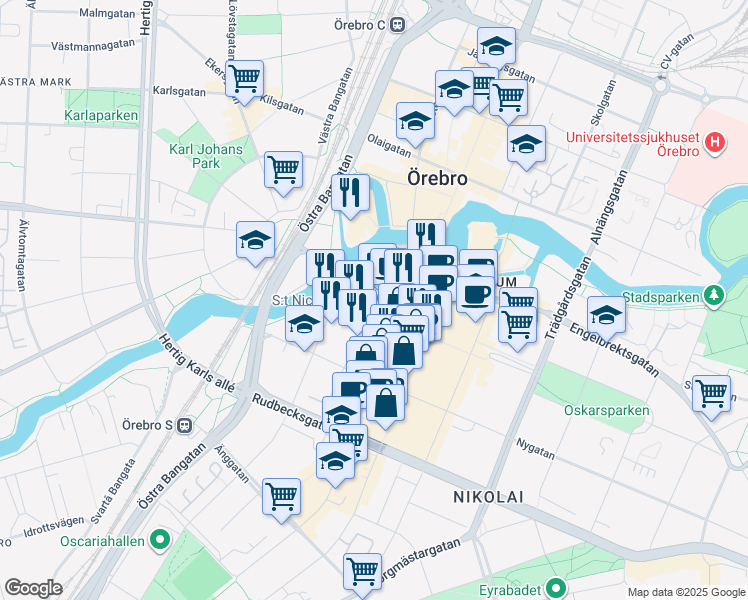 map of restaurants, bars, coffee shops, grocery stores, and more near in Örebro