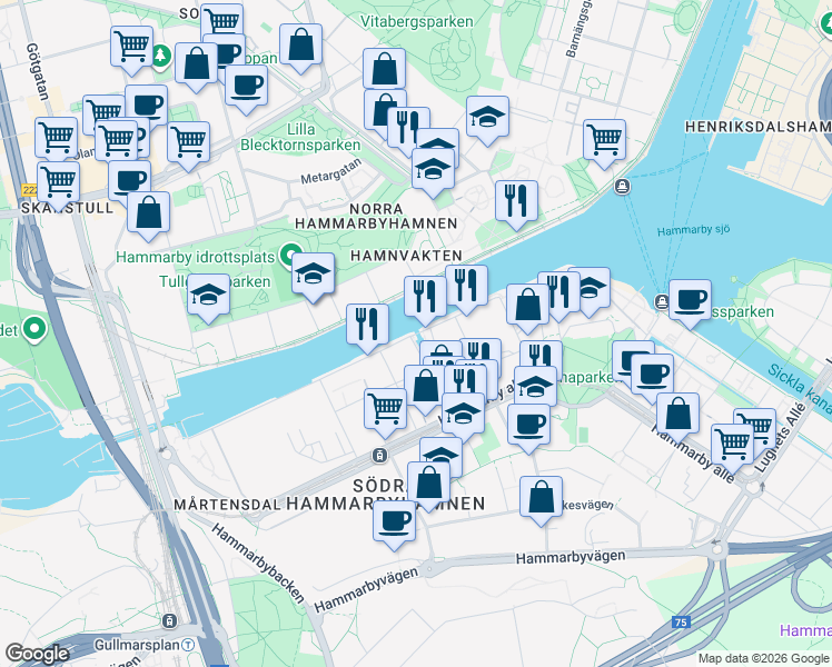 map of restaurants, bars, coffee shops, grocery stores, and more near Hammarby kaj in Stockholm