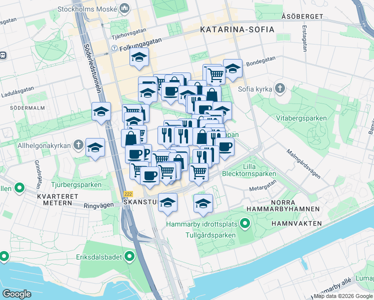map of restaurants, bars, coffee shops, grocery stores, and more near Bjurholmsgatan in Stockholm