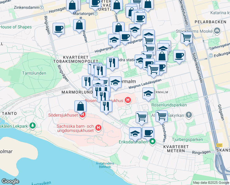map of restaurants, bars, coffee shops, grocery stores, and more near Magnus Ladulåsgatan in Stockholm