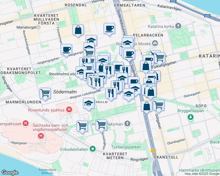 map of restaurants, bars, coffee shops, grocery stores, and more near Magnus Ladulåsgatan in Stockholm