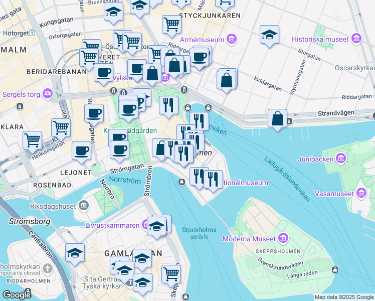 map of restaurants, bars, coffee shops, grocery stores, and more near 4C Blasieholmsgatan in Stockholm