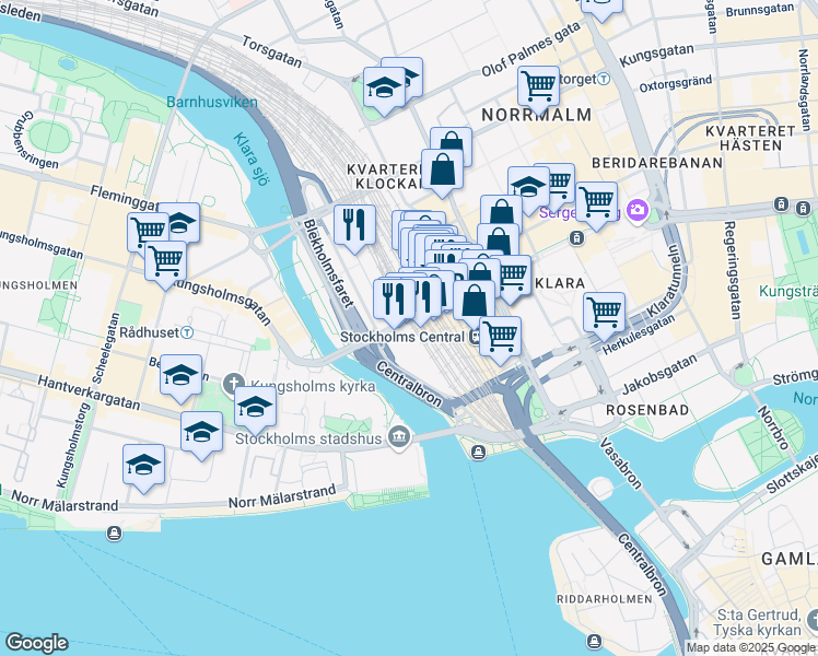 map of restaurants, bars, coffee shops, grocery stores, and more near 61 Klarabergsviadukten in Stockholm