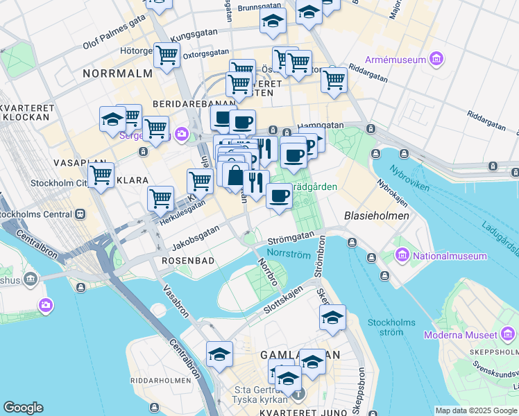 map of restaurants, bars, coffee shops, grocery stores, and more near 2 Jakobsgatan in Stockholm