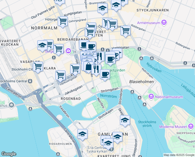 map of restaurants, bars, coffee shops, grocery stores, and more near 2 Jakobsgatan in Stockholm