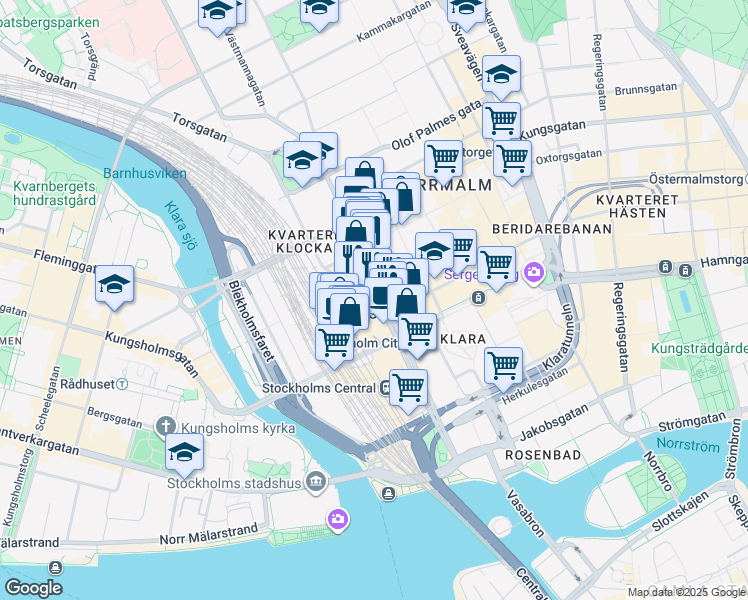 map of restaurants, bars, coffee shops, grocery stores, and more near 7 Vasagatan in Stockholm