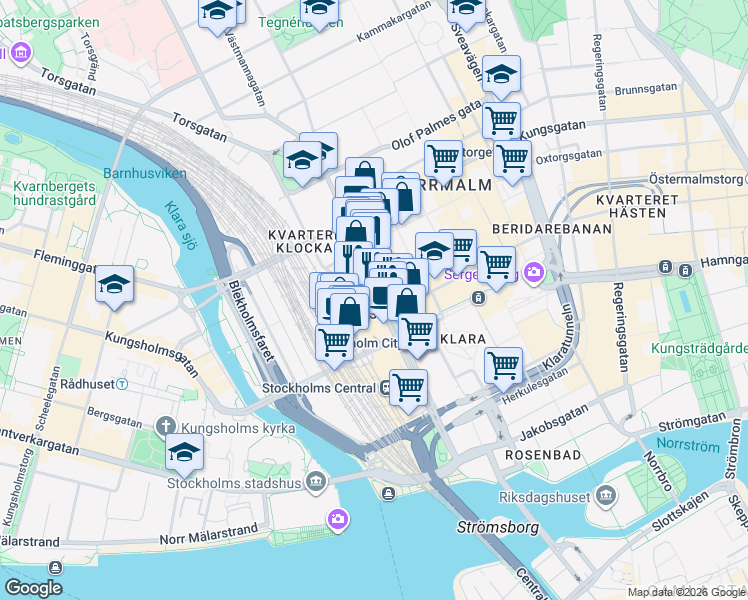 map of restaurants, bars, coffee shops, grocery stores, and more near 7 Vasagatan in Stockholm