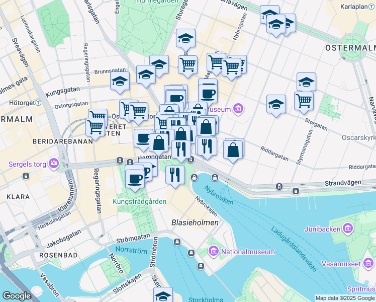 map of restaurants, bars, coffee shops, grocery stores, and more near 2 Birger Jarlsgatan in Stockholm