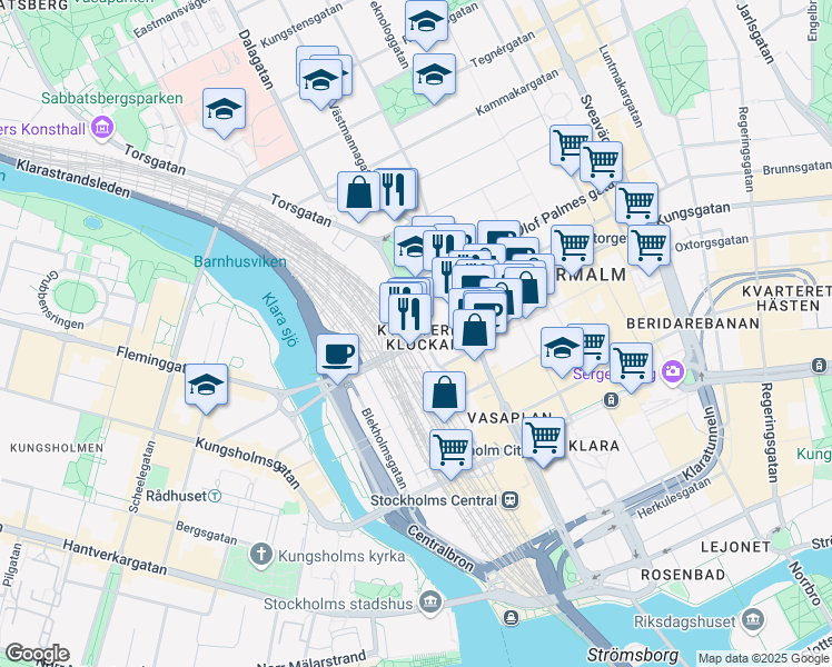 map of restaurants, bars, coffee shops, grocery stores, and more near 2 Kungsbron in Stockholm
