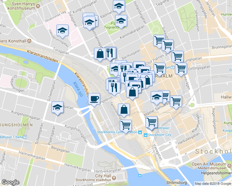 map of restaurants, bars, coffee shops, grocery stores, and more near 2 Kungsbron in Stockholm