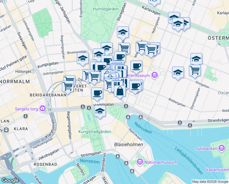 map of restaurants, bars, coffee shops, grocery stores, and more near 7 Birger Jarlsgatan in Stockholm