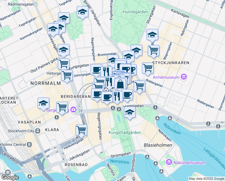 map of restaurants, bars, coffee shops, grocery stores, and more near 17 Mäster Samuelsgatan in Stockholm