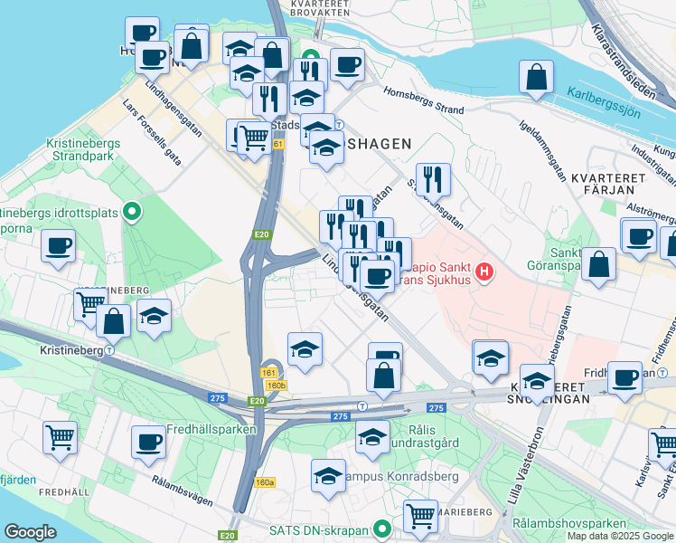 map of restaurants, bars, coffee shops, grocery stores, and more near 94 Lindhagensgatan in Stockholm