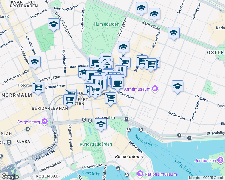map of restaurants, bars, coffee shops, grocery stores, and more near 16 Birger Jarlsgatan in Stockholm