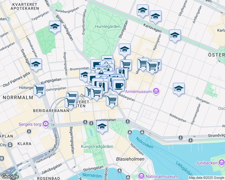 map of restaurants, bars, coffee shops, grocery stores, and more near 16 Birger Jarlsgatan in Stockholm