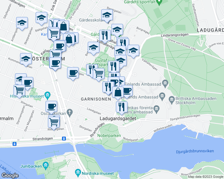 map of restaurants, bars, coffee shops, grocery stores, and more near 108 Karlavägen in Stockholm