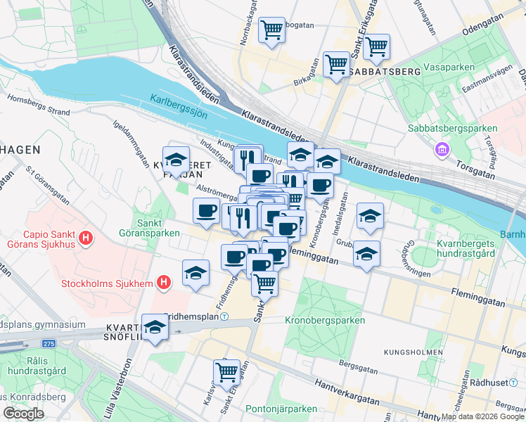 map of restaurants, bars, coffee shops, grocery stores, and more near 58 Fridhemsgatan in Stockholm