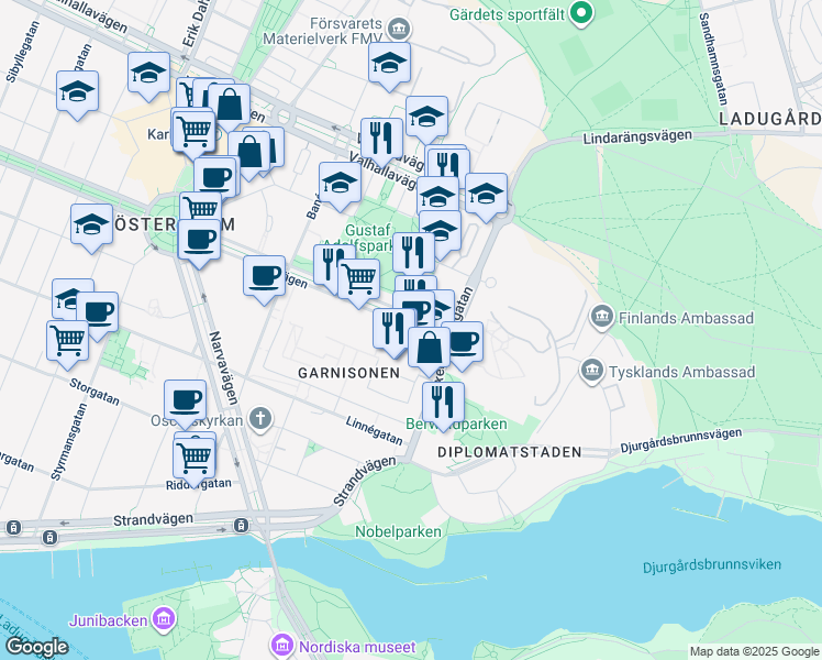 map of restaurants, bars, coffee shops, grocery stores, and more near 108 Karlavägen in Stockholm