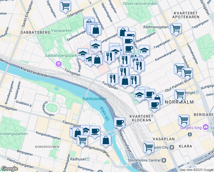 map of restaurants, bars, coffee shops, grocery stores, and more near 11 Torsgatan in Stockholm