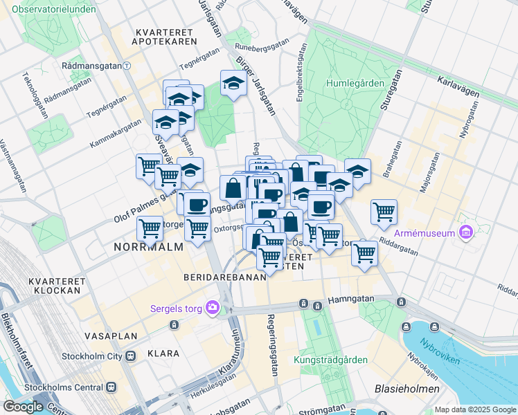 map of restaurants, bars, coffee shops, grocery stores, and more near 25 Kungsgatan in Stockholm