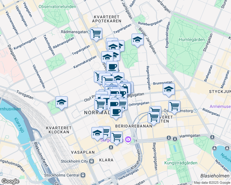 map of restaurants, bars, coffee shops, grocery stores, and more near 25 Sveavägen in Stockholm
