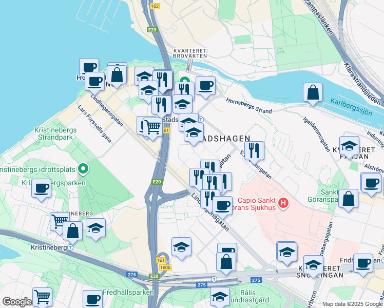 map of restaurants, bars, coffee shops, grocery stores, and more near 17 Warfvinges väg in Stockholm