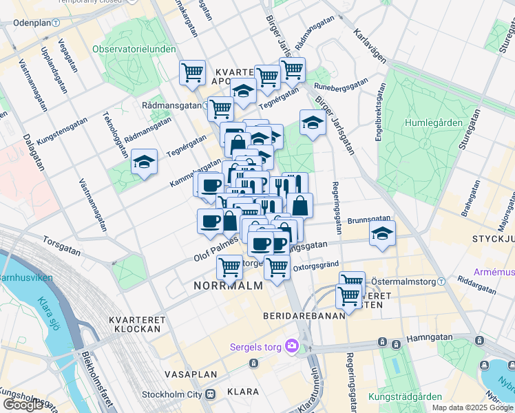 map of restaurants, bars, coffee shops, grocery stores, and more near 44 Sveavägen in Stockholm