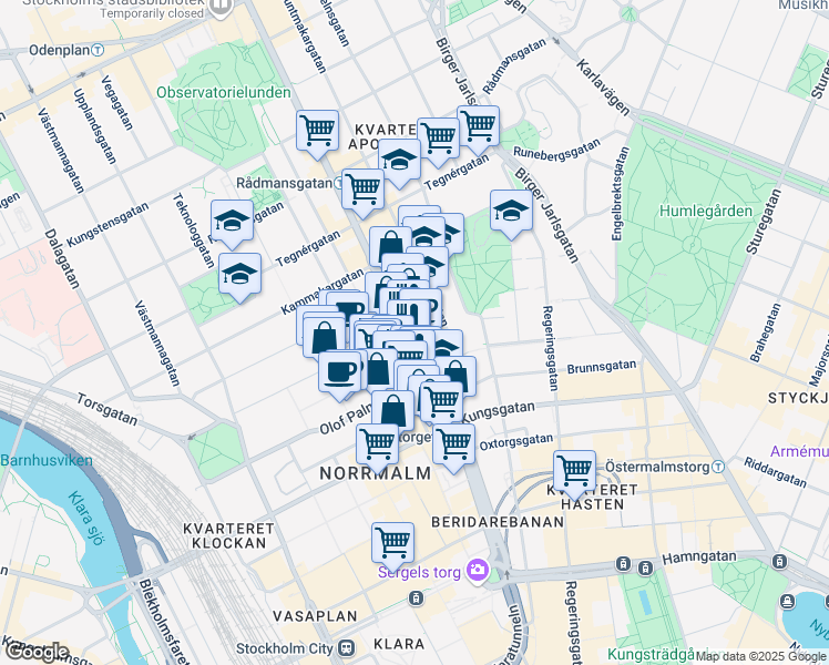 map of restaurants, bars, coffee shops, grocery stores, and more near 44 Sveavägen in Stockholm