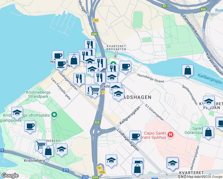 map of restaurants, bars, coffee shops, grocery stores, and more near 31 Warfvinges väg in Stockholm