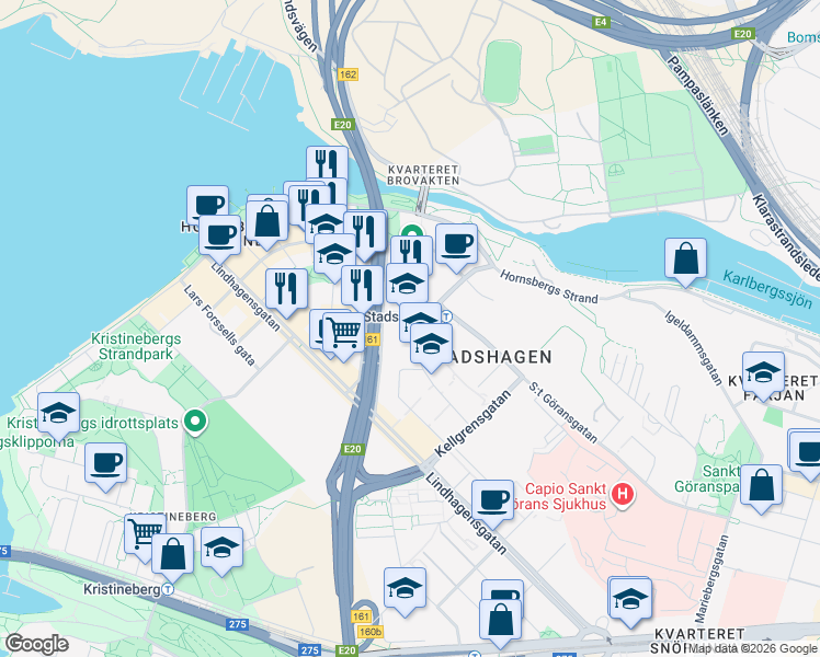 map of restaurants, bars, coffee shops, grocery stores, and more near 31 Warfvinges väg in Stockholm