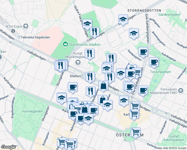 map of restaurants, bars, coffee shops, grocery stores, and more near 117 Valhallavägen in Stockholm