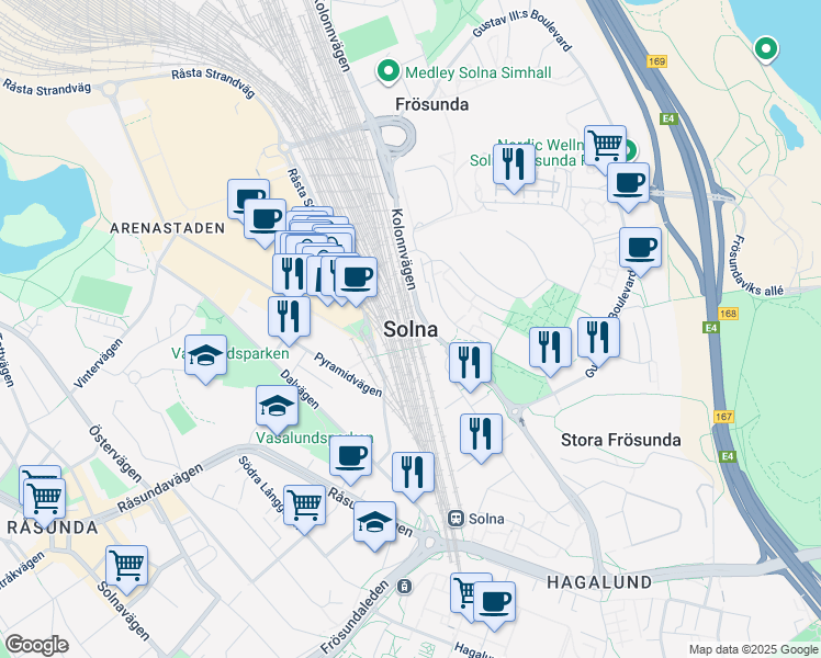 map of restaurants, bars, coffee shops, grocery stores, and more near in Solna