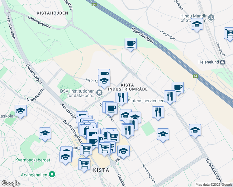map of restaurants, bars, coffee shops, grocery stores, and more near 3 Borgarfjordsgatan in Stockholm