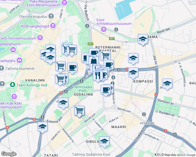 map of restaurants, bars, coffee shops, grocery stores, and more near 4 Viru Square in Tallinn
