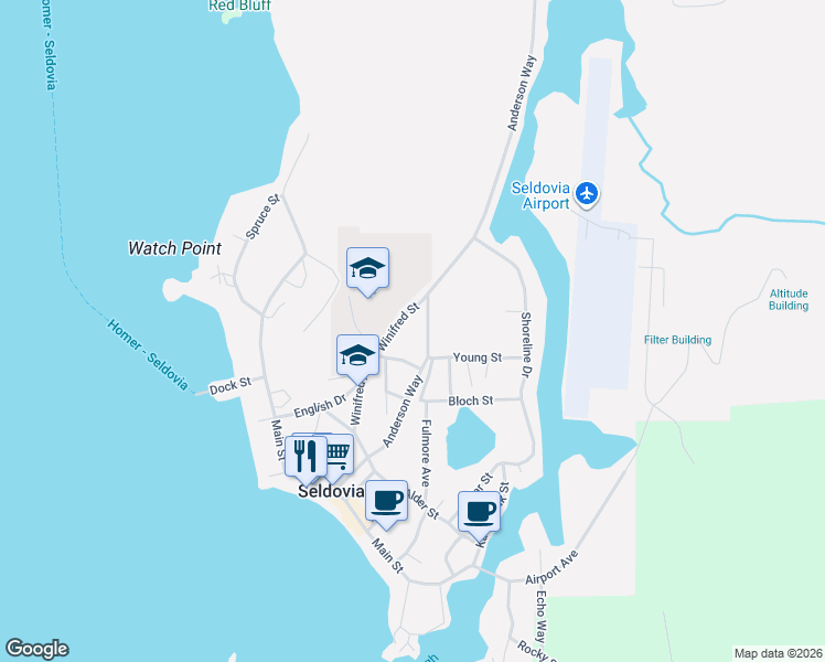 map of restaurants, bars, coffee shops, grocery stores, and more near 350 Winifred Avenue in Seldovia