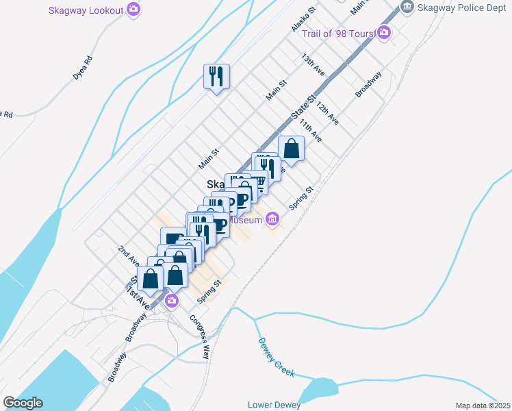 map of restaurants, bars, coffee shops, grocery stores, and more near 263 7th Avenue in Skagway