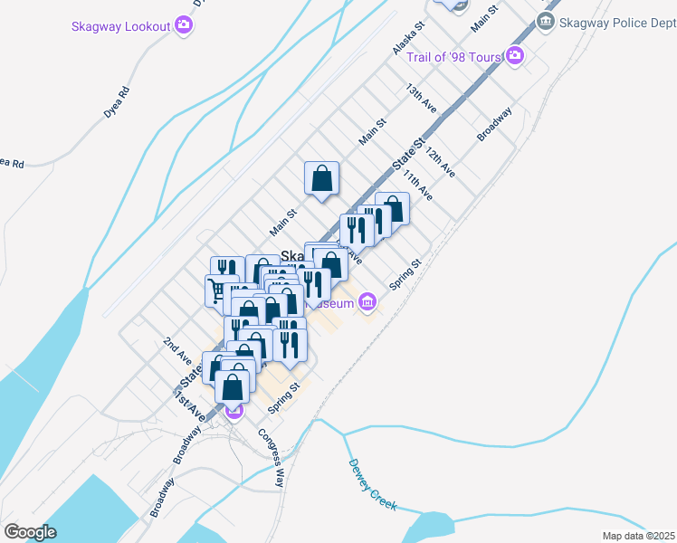 map of restaurants, bars, coffee shops, grocery stores, and more near 263 7th in Skagway