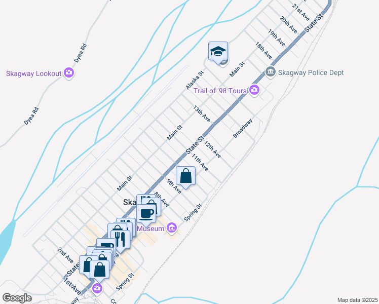 map of restaurants, bars, coffee shops, grocery stores, and more near 1101 State Street in Skagway