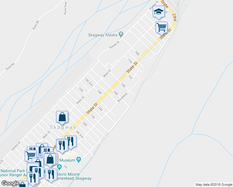 map of restaurants, bars, coffee shops, grocery stores, and more near 14th in Skagway