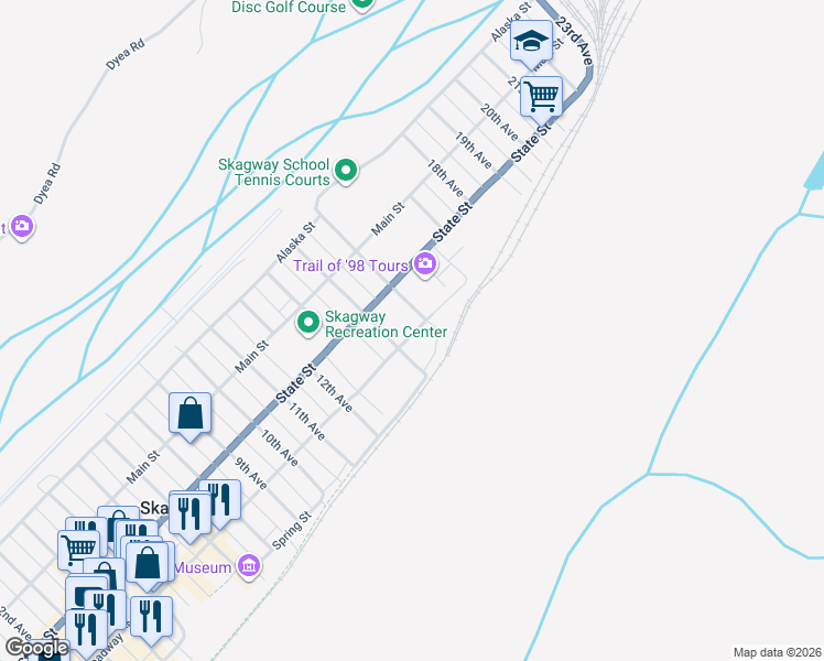 map of restaurants, bars, coffee shops, grocery stores, and more near 14th in Skagway