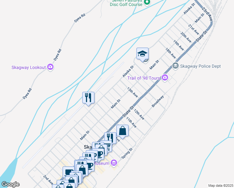 map of restaurants, bars, coffee shops, grocery stores, and more near Alaska St in Skagway