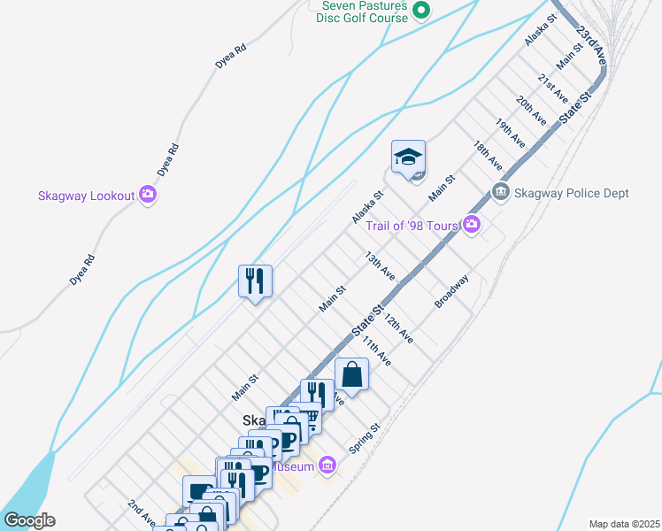 map of restaurants, bars, coffee shops, grocery stores, and more near Alaska St in Skagway