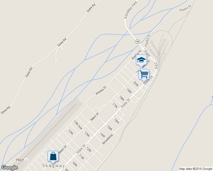 map of restaurants, bars, coffee shops, grocery stores, and more near Alaska Street in Skagway