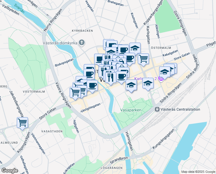 map of restaurants, bars, coffee shops, grocery stores, and more near 38 Stora Gatan in Västerås