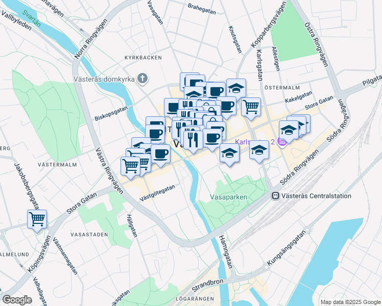 map of restaurants, bars, coffee shops, grocery stores, and more near 38 Stora Gatan in Västerås