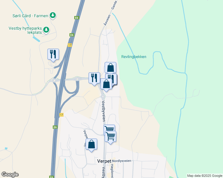 map of restaurants, bars, coffee shops, grocery stores, and more near 155 Vestbyveien in Vestby